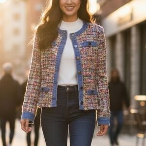 Nwt Ecru Multicolor Tweed Jacket with Denim Trim